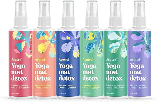 ASUTRA Yoga Mat Cleaner Spray Variety Pack (All Scents), 4 fl oz (Pack of 6) - No Slippery Residue, Organic Essential Oils, Deep-Cleansing for Fitness Gear & Gym Equipment, Microfiber Towels Included-GravixFit