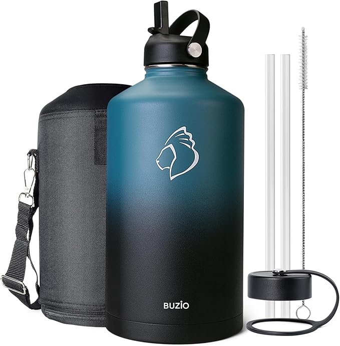 BUZIO 1 Gallon Water Bottle Insulated with Straw Lid, 128oz Large Water Jug Stainless Steel Metal Vacuum Water Flask Leak Proof 18/8 Food Grade Thermo Mug Keep Cold 48H & Hot 24H, Indigo Crush-GravixFit