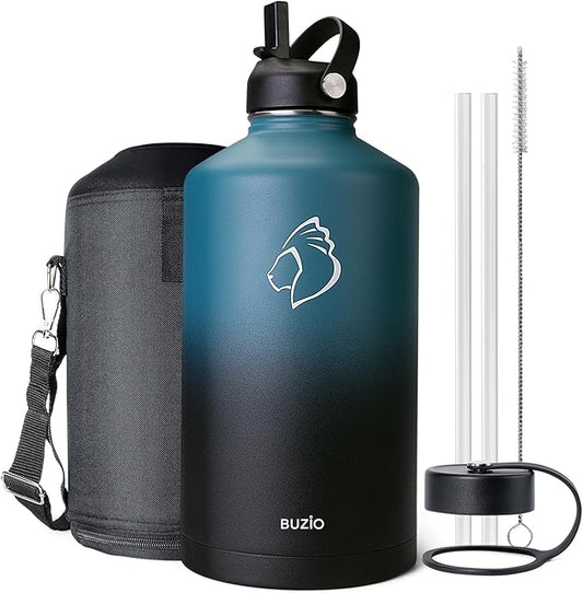 BUZIO 1 Gallon Water Bottle Insulated with Straw Lid, 128oz Large Water Jug Stainless Steel Metal Vacuum Water Flask Leak Proof 18/8 Food Grade Thermo Mug Keep Cold 48H & Hot 24H, Indigo Crush-GravixFit