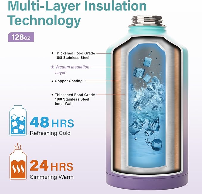 1 Gallon Water Bottle Insulated | Thickened Stainless Steel Vacuum Metal Water Jug | Portable Sports Large for Gym and Hiking with Straw, Carrier Bag, Handle Strap | BPA-Free 128 oz-GravixFit