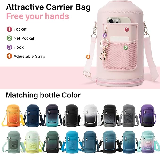 1 Gallon Water Bottle Insulated | Thickened Stainless Steel Vacuum Metal Water Jug | Portable Sports Large for Gym and Hiking with Straw, Carrier Bag, Handle Strap | BPA-Free 128 oz-GravixFit