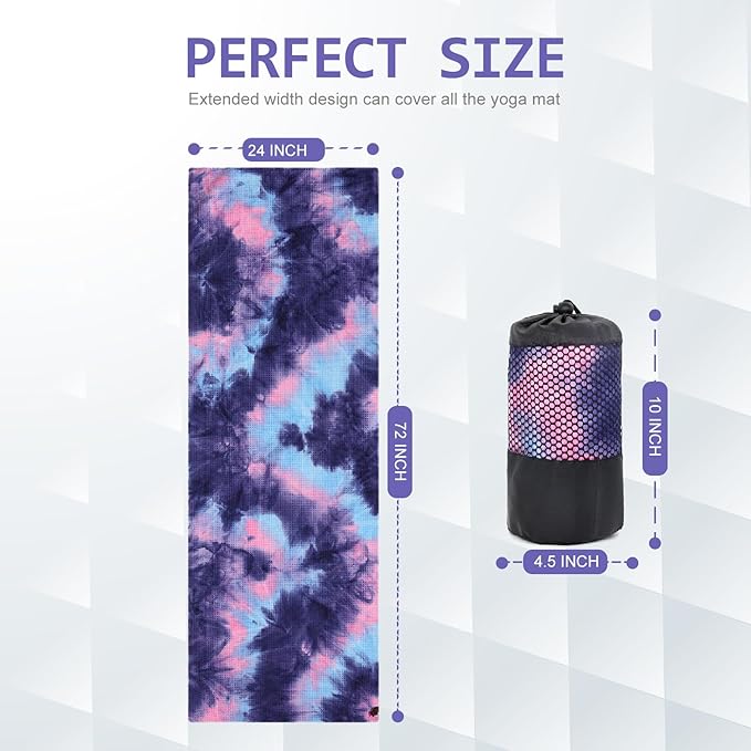 Eunzel 2 Pack Yoga Towel,Hot Yoga Mat Towel with Grip Dots Sweat Absorbent Non-Slip for Hot Yoga, Pilates and Workout 24" x72，Purple & Blue (2 Pack)-GravixFit