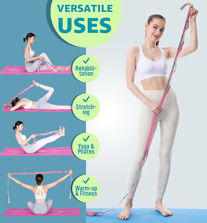 HiRui Stretching Strap Yoga Strap with Door Anchor, 14-Loops Non-Elastic Stretch Straps for Physical Therapy, Pilates, Dance, Gymnastics | Stretch Band with Workout Guide for Women & Men-GravixFit