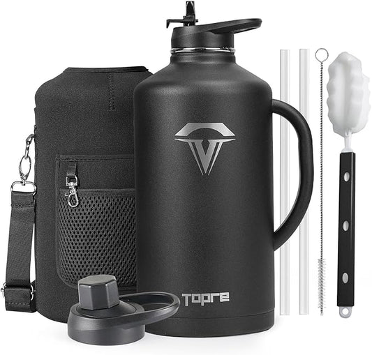128 oz Insulated Water Bottle with Straw and Lid, One Gallon Stainless Steel Cup with Handle,Leakproof Metal Travel Jug Flask Mug Tumbler Cup With Carry Pouch and Brush,Keep Cold & Hot,Black-GravixFit