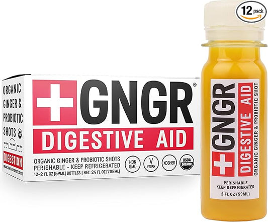 '+GNGR Digestive Aid Organic Ginger Shots with Probiotics, Gut Health, Colon Cleanse, Bloating Relief, Gut Detox, Immunity Shots with Ginger Juice, Turmeric, Black Pepper. (2 Oz, Pack of 12)-GravixFit