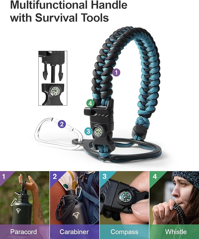 64 oz Insulated Water Bottle,Half Gallon Water Flask Stainless Steel Vacuum, Cold for 48 Hrs,BPA-Free & Leakproof -with Paracord Handle, Strap,Straw Spout Lids,Large Jug for Gym,Indigo Black-GravixFit