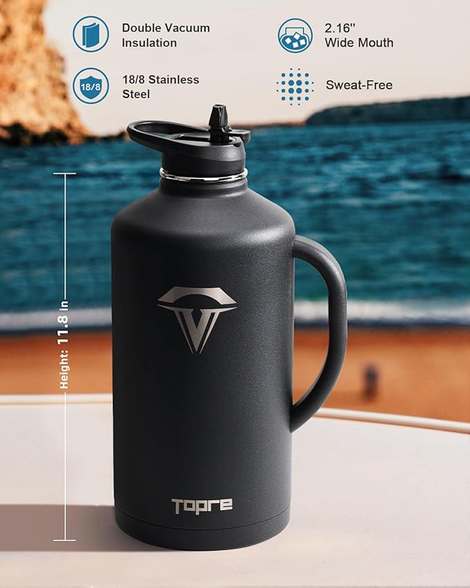 128 oz Insulated Water Bottle with Straw and Lid, One Gallon Stainless Steel Cup with Handle,Leakproof Metal Travel Jug Flask Mug Tumbler Cup With Carry Pouch and Brush,Keep Cold & Hot,Black-GravixFit