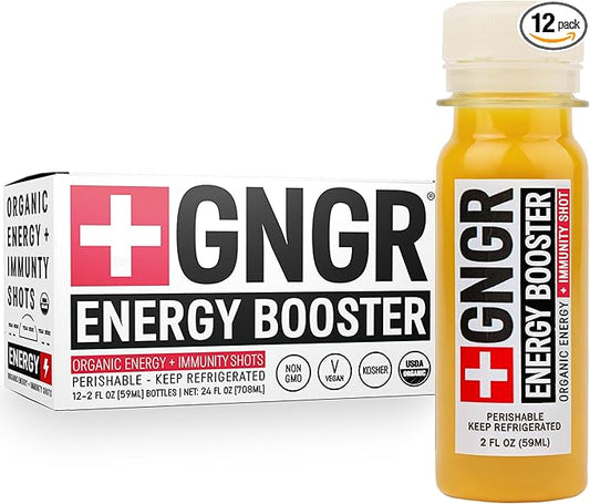 '+GNGR Energy Booster & Immunity Shot, Cold-Pressed Ginger Shots with Lions Mane, 75mg of Natural Caffeine Green Tea, Turmeric Root, Vitamin D & Zinc for All Natural Immune Support (2 Oz, Pack of 12)-GravixFit