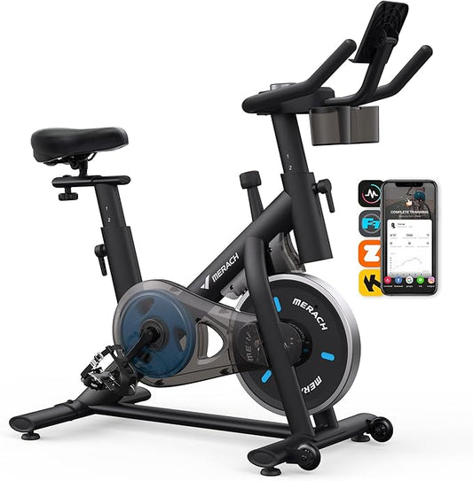 MERACH Exercise Bike, Brake Pad Stationary Bike with Exclusive App, Low Noise Indoor Cycling Bike with 300lbs Weight Capacity, Tablet Mount and Fitness Courses for Weight Loss-GravixFit