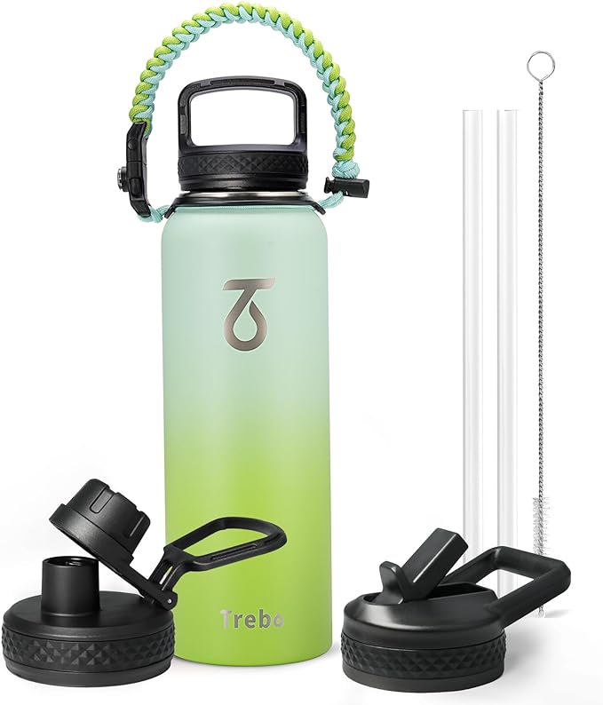 Trebo 40oz Water Bottle Insulated with Lid and Straw,Double Wall Vacuum Stainless Steel Metal Sports Flask with Paracord Handle, Keep Hot 24 Hours & Cold 48 Hours Water Jug with 3 Lids, Dark Green-GravixFit