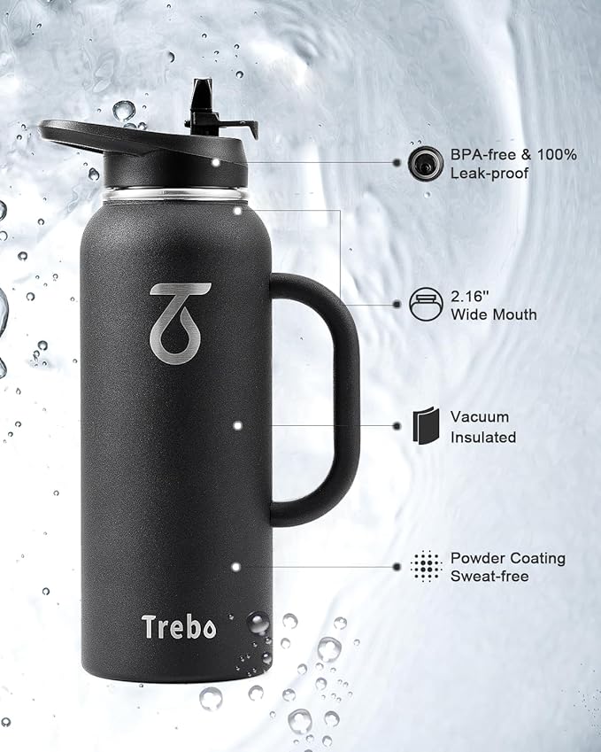 Trebo 40oz Water Bottle Insulated with Handle, Stainless Steel Metal Large Jug,Travel Flask with Straw Spout Lid,Mug Tumbler Cup with Carry Pouch,Keep Cold Hot, Indigo Black-GravixFit