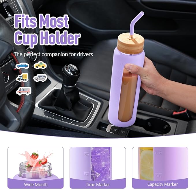 Kodrine Water Bottle with Straw, 24 oz Glass water Bottle with 2 Lids Bamboo Straw Lid and Spout Lid with Handle, 32 oz Clear Water Bottle Glass for Sports Travel, Waterbottle with Time Marker-GravixFit