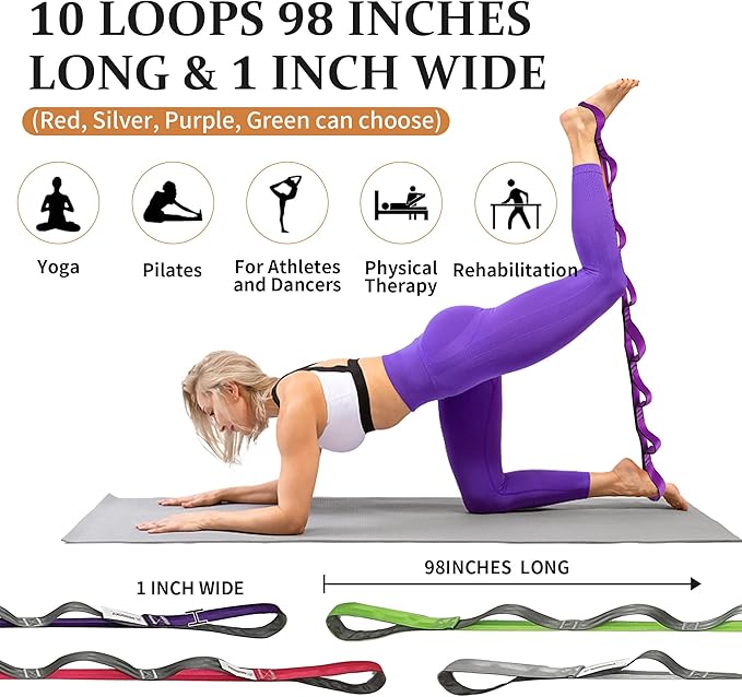 Stretching Strap Yoga Strap, 10 Loops Non-Elastic Stretch Bands Helps Women and Men Improve Flexibility for Home Workout, Physical Therapy, Pilates, Exercise, Dance, Comes with Door Anchor-GravixFit
