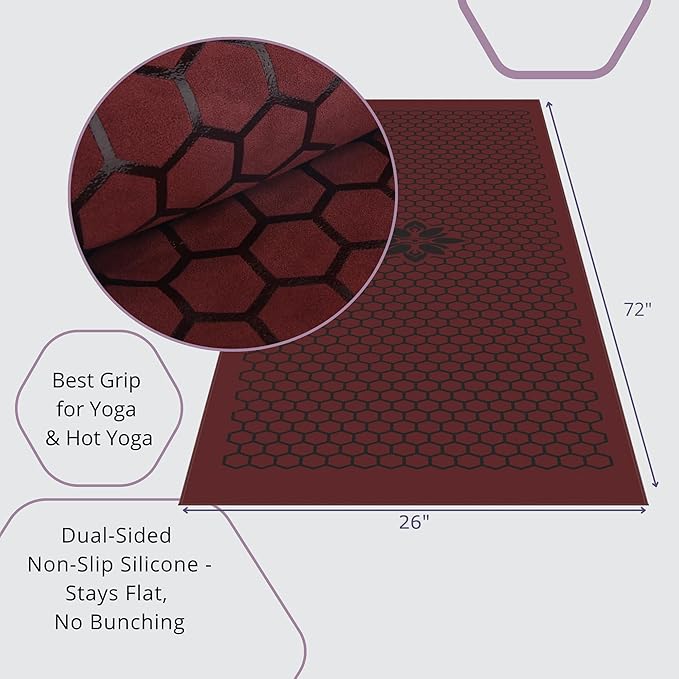 Clever Yoga Non-Slip Hot Yoga Towel – Non-Slip Grip for Hot Yoga, Sweat Absorbent, Honeycomb Silicone Grip, Stays Flat – Ideal for Pilates, Travel, Washable & Lightweight - Burgundy-GravixFit
