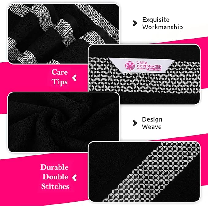 CASA COPENHAGEN Solitaire Towels, 4 Pieces Bath Towel Set- Black, 600 GSM Designed in Denmark Made of Soft Egyptian Cotton for Bathroom, Kitchen & Shower-GravixFit