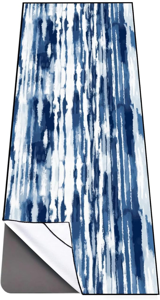 QiyI Yoga Mat Towel with Corner Pockets, Non Slip Sweat Absorbent Hot Yoga Towels, Soft Yoga Blankets with Travel Bag, Skidless Mat Cover for Workout, Gym, Fitness - 70"x26", Blue White Tie Dye-GravixFit