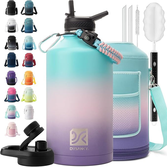 1 Gallon Water Bottle Insulated | Thickened Stainless Steel Vacuum Metal Water Jug | Portable Sports Large for Gym and Hiking with Straw, Carrier Bag, Handle Strap | BPA-Free 128 oz-GravixFit