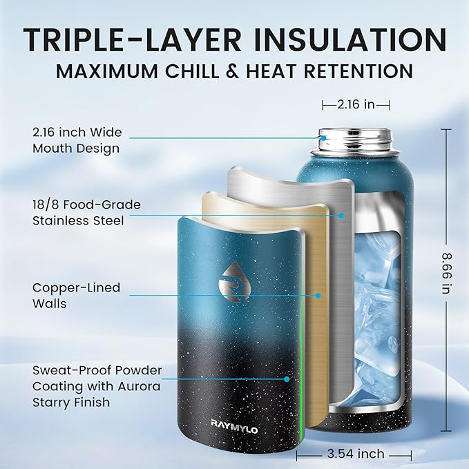 32oz Insulated Water Bottle, Triple Wall Vacuum Stainless Steel Water Bottles - Keeps Cold 48H, Reusable Metal water flask Jug for Gym, Sports, Camping, Hiking,Travel, Midnight Blue Speckle-GravixFit