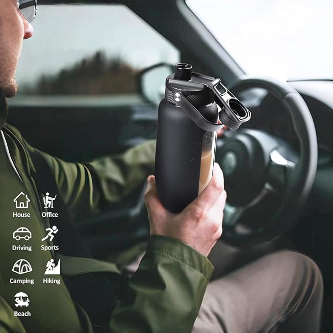 Kodrine Water Bottle with Straw, 24 oz Glass water Bottle with 2 Lids Bamboo Straw Lid and Spout Lid with Handle, 32 oz Clear Water Bottle Glass for Sports Travel, Waterbottle with Time Marker-GravixFit