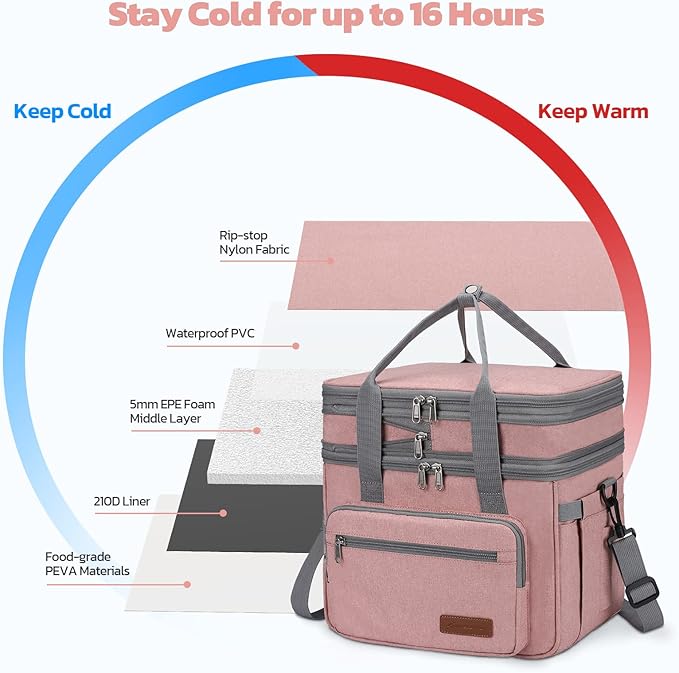 Maelstrom Lunch Bag Women,23L Insulated Lunch Box for Men Women,Expandable Double Deck Lunch Cooler Bag,Lightweight Leakproof Lunch Tote Bag with Side Tissue Pocket,Pink-GravixFit