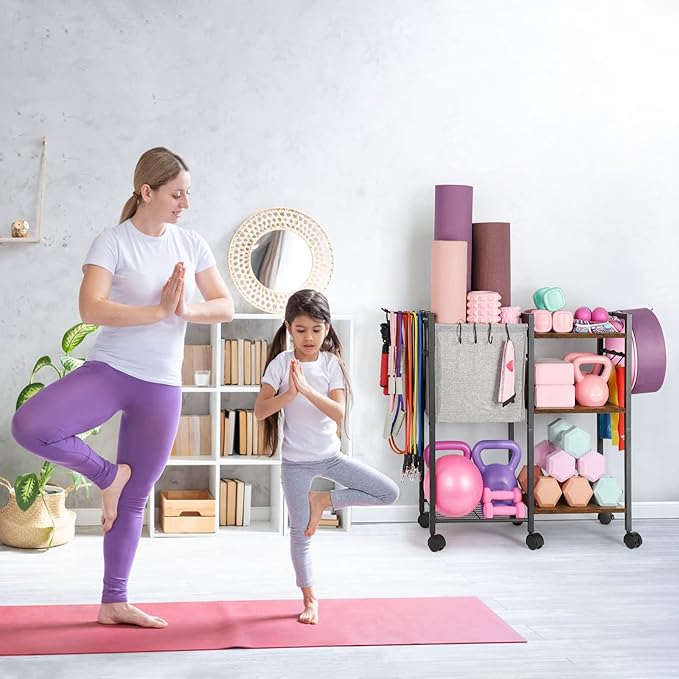 Yoga Mat Storage Rack Home Gym Equipment Organizer Holder for Foam Roller Dumbbells Kettlebells Resistance Bands and More Accessories Women Men Workout Organization with Hooks Wheels (Black)-GravixFit