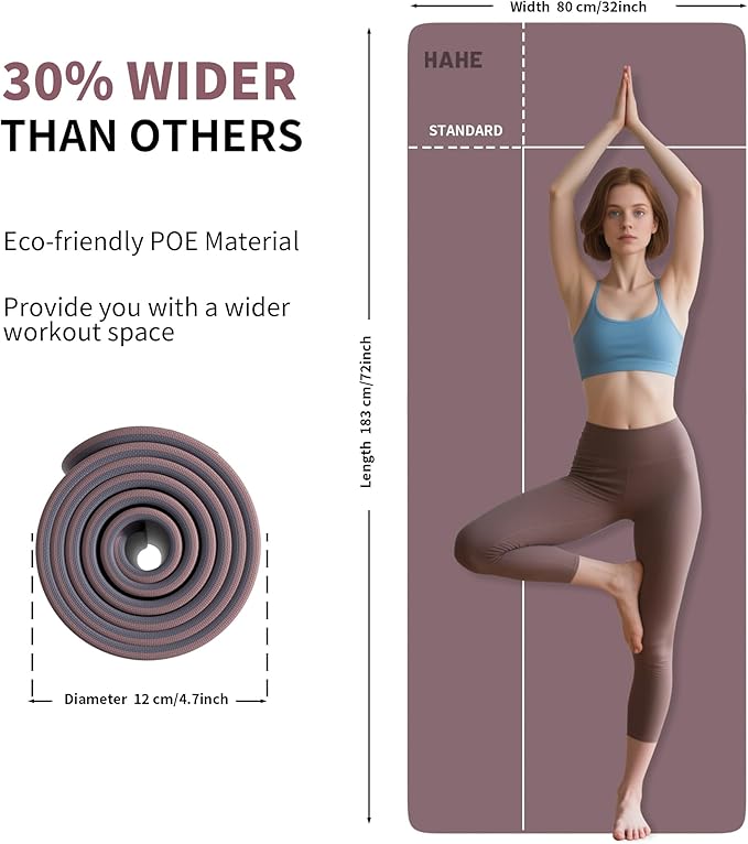 HAHE Non Slip Yoga Mat Wide, (72"L X 32"W, 0.24" Thick) Large Fitness Exercise Mat with Carrying Strap, Eco-Friendly POE Yoga Mats for Home, Gym, Pilates, Stretching-GravixFit