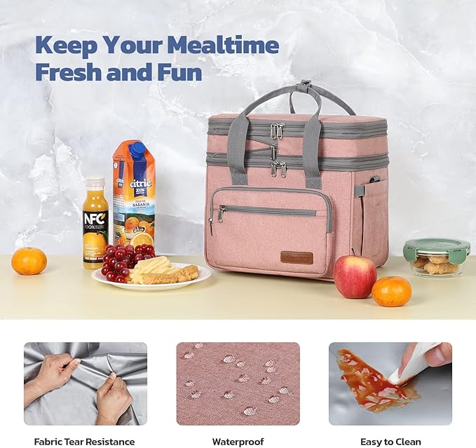 Maelstrom Lunch Bag Women,23L Insulated Lunch Box for Men Women,Expandable Double Deck Lunch Cooler Bag,Lightweight Leakproof Lunch Tote Bag with Side Tissue Pocket,Pink-GravixFit