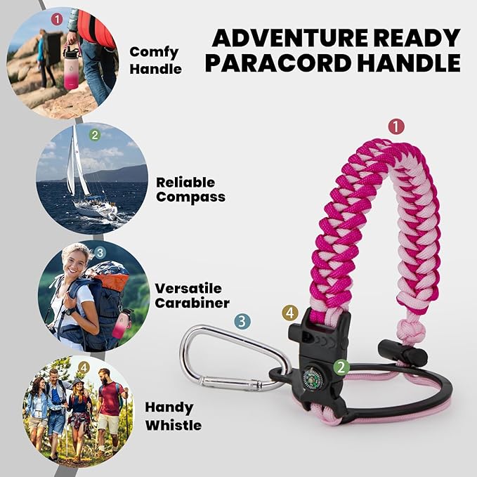 Insulated Water Bottle 32 oz, Triple Wall Vacuum Stainless Steel (Cold for 48 Hrs), Leak Proof & Non-BPA, Modern Water Flask Jug with Paracord Handle & Straw Spout Lids, Ombre Pink-GravixFit