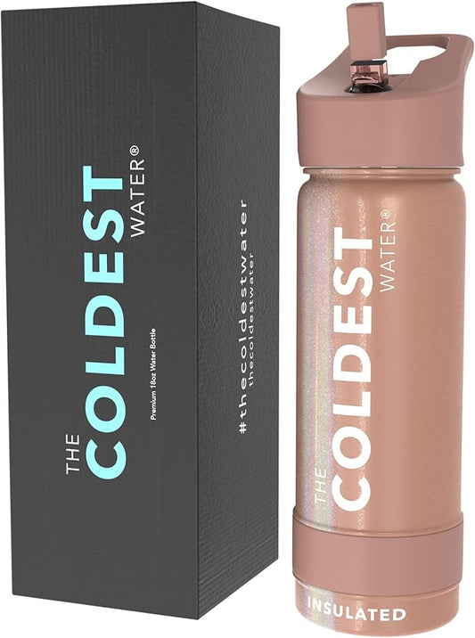 Coldest Insulated Water Bottle with Straw Lid - Stainless Steel Metal Insulated Bottle for Men & Women (Rose Gold Glitter, 18 oz)-GravixFit