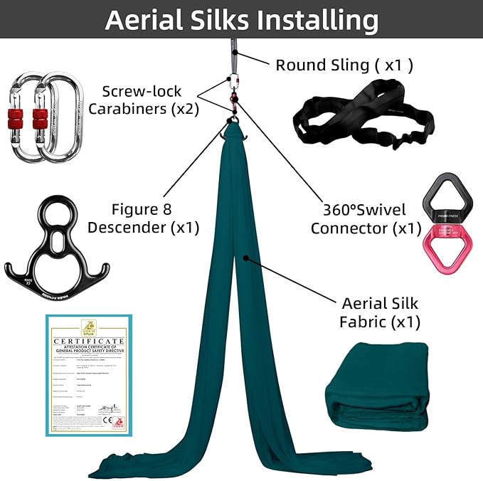 PRIOR FITNESS Aerial Silks Kit Colorful 9/15/20 Yards 40D Nylon Fabric Hammock Set With Hardware & Guide for All Levels Of Aerial Yoga Practice and Acrobatic Flying For Adults Aerial silk-GravixFit