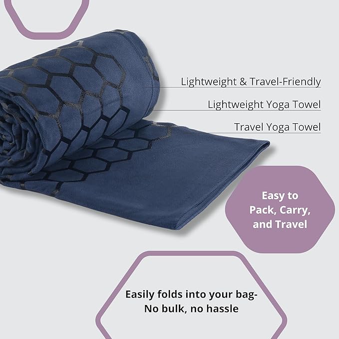 Clever Yoga Non-Slip Hot Yoga Towel – Non-Slip Grip for Hot Yoga, Sweat Absorbent, Honeycomb Silicone Grip, Stays Flat – Ideal for Pilates, Travel, Washable & Lightweight - Dark Blue-GravixFit