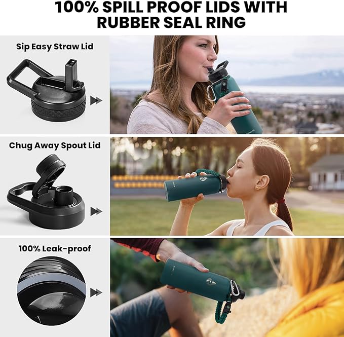 Insulated Water Bottle 40 oz, Triple Wall Vacuum Stainless Steel (Cold for 48 Hrs), Leak Proof & Non-BPA, Modern Water Flask Jug with Paracord Handle & Straw Spout Lids, Dark Green-GravixFit