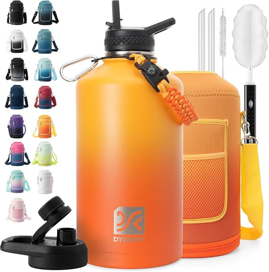 1 Gallon Water Bottle Insulated | Thickened Stainless Steel Vacuum Metal Water Jug | Portable Sports Large for Gym and Hiking with Straw, Carrier Bag, Handle Strap | BPA-Free 128 oz-GravixFit
