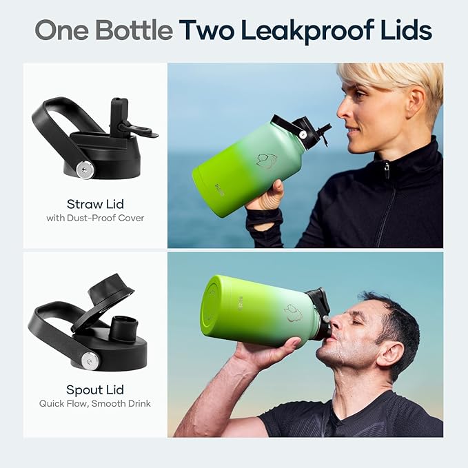 BUZIO 64oz Insulated Water Bottle, Triple Wall Stainless Steel (Cold for 48 Hrs) Leakproof Half gallon Jug/Flask with Straw Lid and Carry Bag for Sports Hiking, Camping, Gradient Green-GravixFit