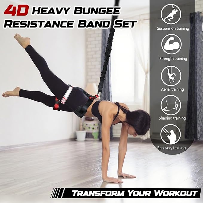 Heavy Duty Bungee Fitness Set – Professional 4D Bungee Resistance Band for Home Gym, Yoga & Air Dance – Adjustable Harness with 360° Rotational Device,Includes Workout Guide-GravixFit