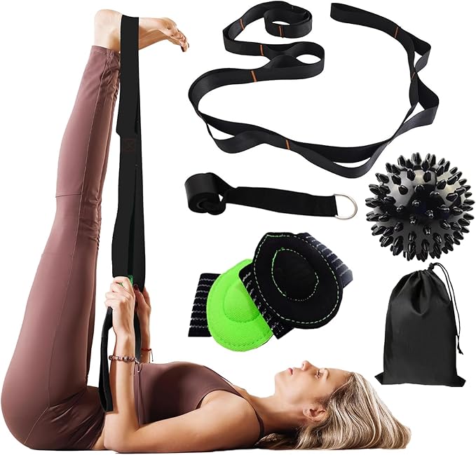 Gradient Fitness Therapy Stretching Belt, 12 Circle Multi Ring Stretching Belt (1.5 inches wide x 86.6 inches long), Therapy Equipment, Yoga Stretcher Strap,Leg Stretcher. Equipped with arch foot pads and pointed massage balls(BLACK)-GravixFit