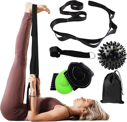 Gradient Fitness Therapy Stretching Belt, 12 Circle Multi Ring Stretching Belt (1.5 inches wide x 86.6 inches long), Therapy Equipment, Yoga Stretcher Strap,Leg Stretcher. Equipped with arch foot pads and pointed massage balls(BLACK)-GravixFit