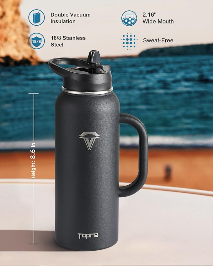 40 oz Insulated Water Bottle with Straw and Lid, Food-grade Double Wall Vacuum Stainless Steel Flask with Handle,Leakproof Metal Travel Jug With Carry Pouch and Brush,Keep Cold & Hot,Black-GravixFit