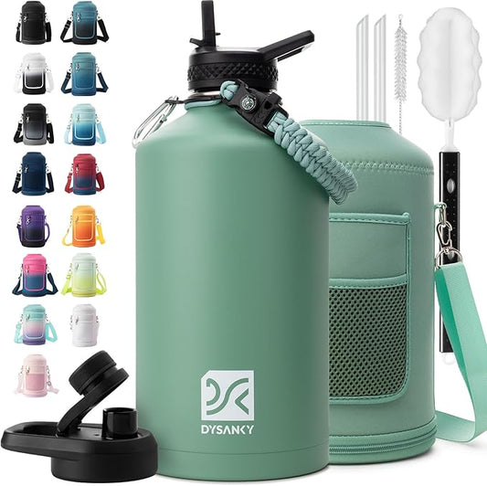 1 Gallon Water Bottle Insulated | Thickened Stainless Steel Vacuum Metal Water Jug | Portable Sports Large for Gym and Hiking with Straw, Carrier Bag, Handle Strap | BPA-Free 128 oz-GravixFit