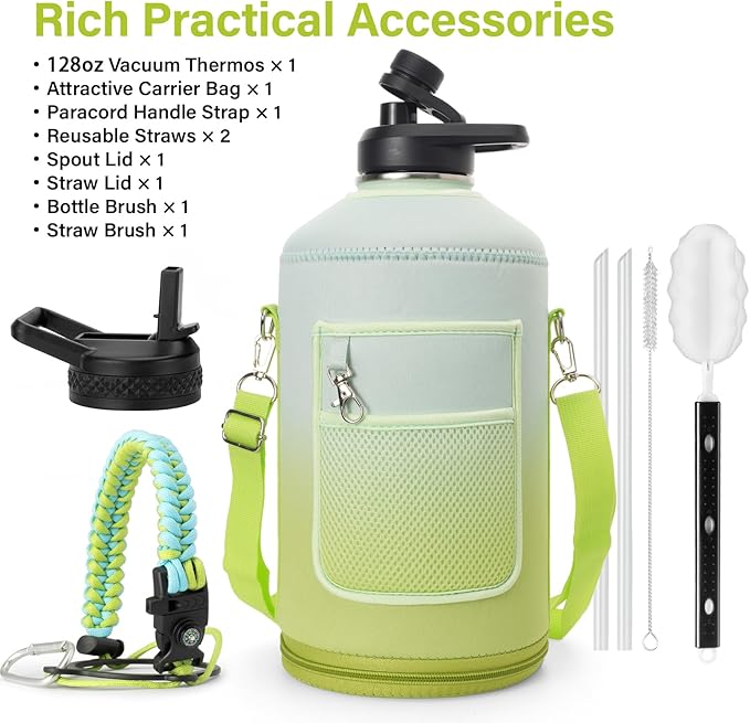 1 Gallon Water Bottle Insulated | Thickened Stainless Steel Vacuum Metal Water Jug | Portable Sports Large for Gym and Hiking with Straw, Carrier Bag, Handle Strap | BPA-Free 128 oz-GravixFit