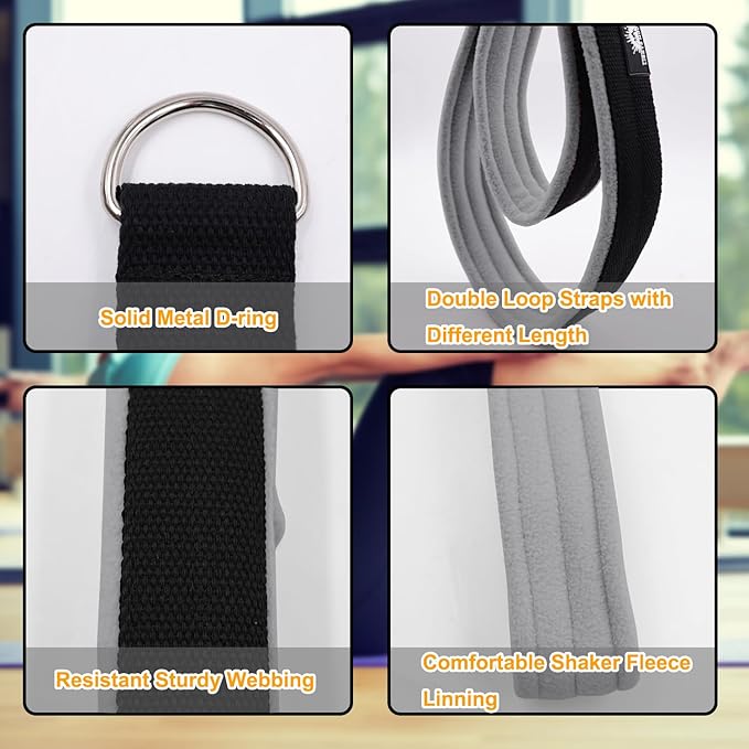 1 Pair Enhanced Pilates Double Loop Straps for Reformer, Thickened D-Ring Handle Straps, Yoga Exercise Accessories in 2 Lengths and Multicolor for Home Gym Workout-GravixFit