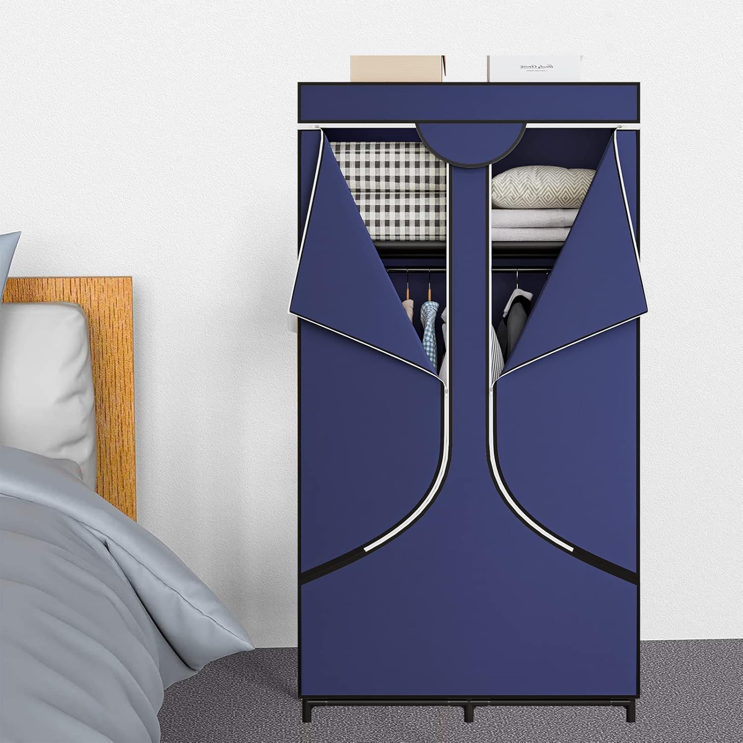 SORCEDAS Portable Wardrobe Closet Storage Organizer Metal Hanging Rack Non-Woven Fabric 34 Inch Coffee (34 Inch, Blue)