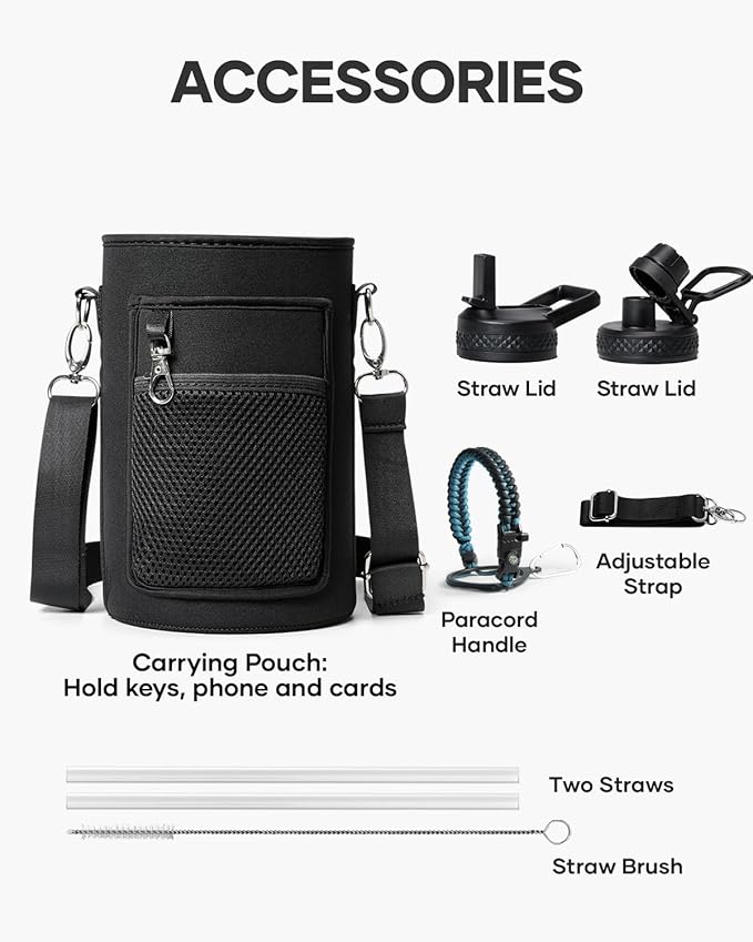 64 oz Insulated Water Bottle,Half Gallon Water Flask Stainless Steel Vacuum, Cold for 48 Hrs,BPA-Free & Leakproof -with Paracord Handle, Strap,Straw Spout Lids,Large Jug for Gym,Indigo Black-GravixFit