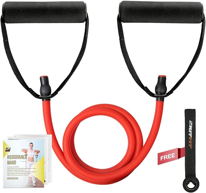 RitFit Single Resistance Exercise Band with Comfortable Handles - Ideal for Physical Therapy, Strength Training, Muscle Toning - Door Anchor and Starter Guide Included-GravixFit