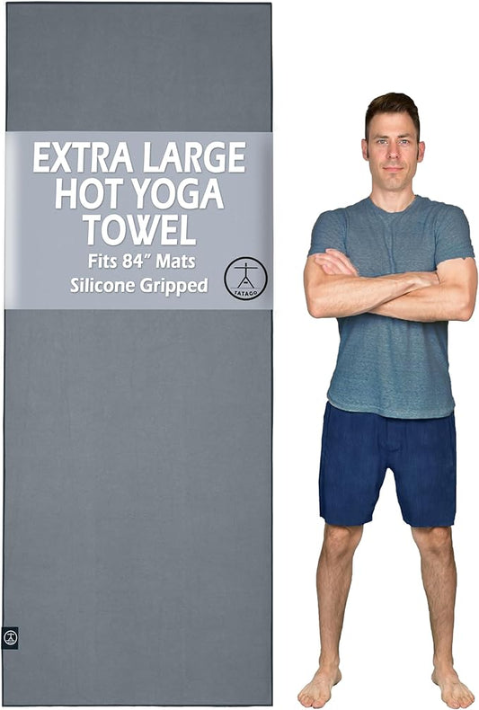 Tatago Hot Yoga Mat Towel Non Slip for Hot Yoga (72-84 inch Mats) Our Hot Yoga Towel Non Slip Silicone Dabs & Absorbent Microfiber Blend Gives You More Grip As You Drip! (Nube Gris, XL - 84")-GravixFit