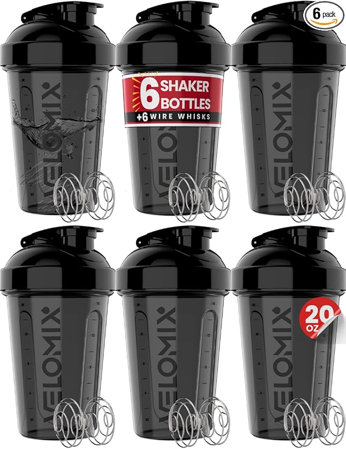 '-6 PACK- Shaker Cups for Protein Shakes 20 oz - 6x Wire Whisk | Leak Proof Protein Shaker Bottle for Protein Shakes, Shaker Bottle Pack for Pre & Post Workout, Shaker Cup (ALL IN BLACK)-GravixFit