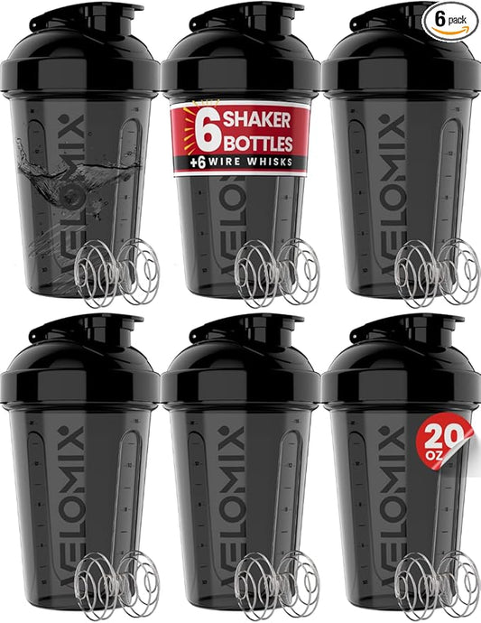'-6 PACK- Shaker Cups for Protein Shakes 20 oz - 6x Wire Whisk | Leak Proof Protein Shaker Bottle for Protein Shakes, Shaker Bottle Pack for Pre & Post Workout, Shaker Cup (ALL IN BLACK)-GravixFit