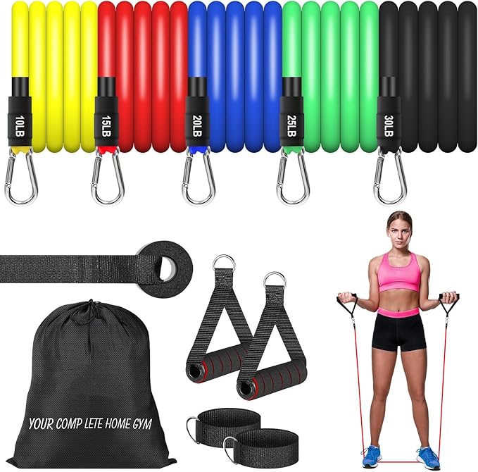 Resistance Bands Set, Workout Bands with Handles, Door Anchor, Ankle Straps and Carry Bag, Exercise Bands for Shape Body and Home Workouts-GravixFit