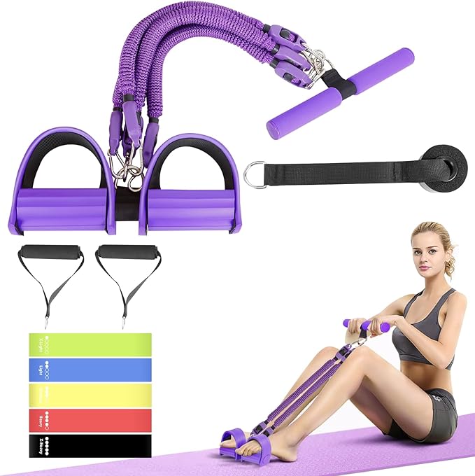 2025 Upgrade Pedal Resistance Band, 4-Tube Elastic Sit Up Pull Rope for Men and Women, Pedal Puller for Strength Training, Foot Resistance Rope for Physical Therapy, with 5Pcs Exercise Bands-GravixFit