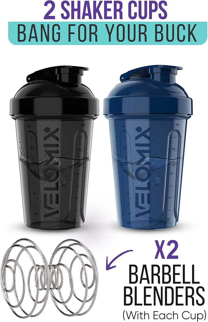 '-2 Pack- 20 oz Protein Shaker Bottles for Protein Mixes - 2x Wire Whisk, Leak Proof Shaker Cups for Protein Shakes and Pre Workout, Protein Shaker Bottle Pack, Protein Mixer Cup (Blue&Black)-GravixFit